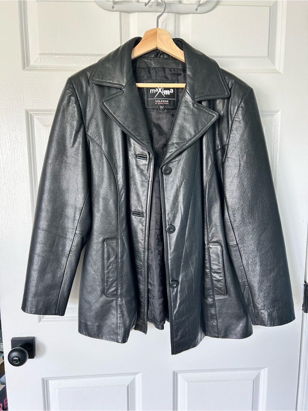 Wilsons Leather Black Leather Button-Front Coat with Notch Collar
